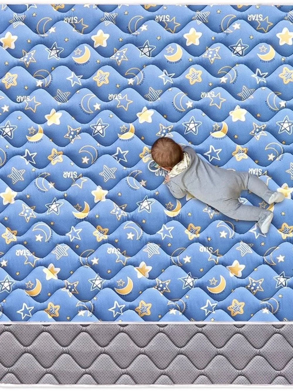 47 x 47 Blue Star & Moon Quilted Baby Play Mat